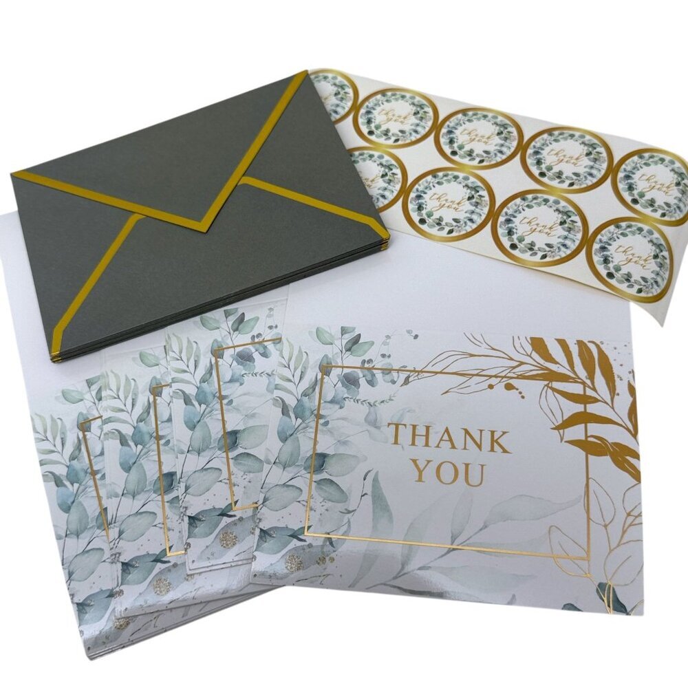 Thank you Cards Set of 10 Green Leaf Design w/ Stickers and Envelopes 3.75x5"